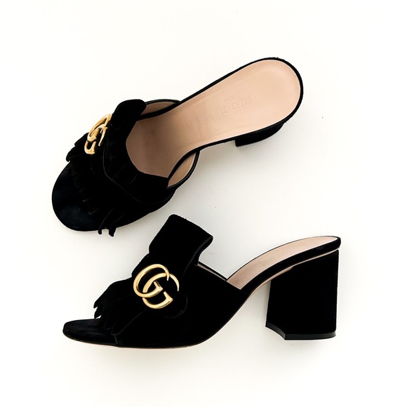 Gucci Marmont GG Logo Black Suede Fringe High Heeled Slip On Mules Slides 38.5 - Picture 2 of 12